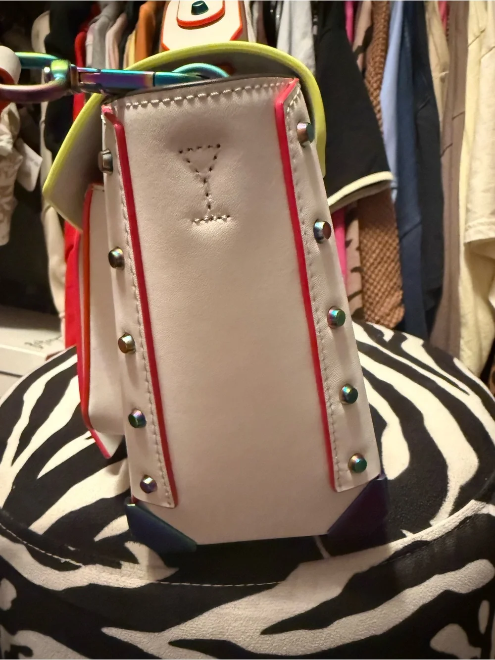 Michael Kors White Satchel with Pink Trim and Iridescent Hardware